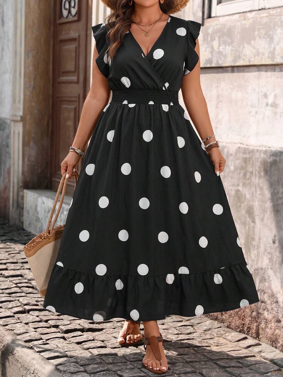 Breezaya Vestido casual de vacaciones de uso diario con volantes y estampado floral pequeño para tallas grandes - Negro - Ver 1