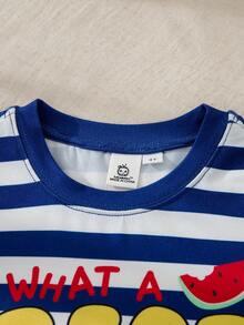 CoComelon X SHEIN 2pcs/Set Young Boys Striped Letter Print Contrast Color Short Sleeve Top And Watermelon Print Shorts Pajama Set - Blue - View 3