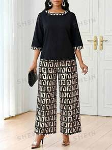 SHEIN Lady 女士时尚通勤全印花上衣和裤子两件套，夏季 - 黑色 - 查看 5