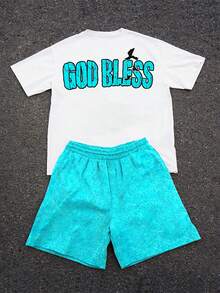 GENIUS ODE 男士創意字母「GOD BLESS」圖案印花T恤與短褲套裝，街頭風，度假款 - 彩色 - 查看 2