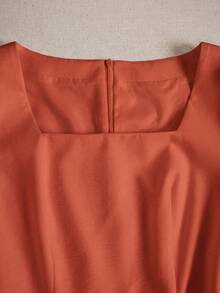 SHEIN Franclia 女款珍珠領短袖A字洋裝，休閒顯瘦方領優雅素色雞尾酒派對長裙，適合夏/秋場合，杏色 - 橘色 - 查看 8