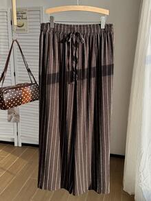 Comfortcana 大尺碼女款休閒條紋綁帶寬鬆長褲，適合度假與居家穿著 - 棕色 - 查看 6