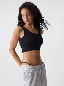 Loungeista Áo tank top crop đen trơn thường ngày có sẵn áo ngực, độ co giãn vừa, thiết kế hở lưng cho nữ, cho mùa hè - màu đen - Xem 5