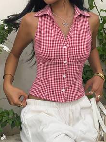 CovetEZ Áo blouse nữ không tay dáng ôm họa tiết kẻ caro Dopamine, áo sơ mi nữ cổ bẻ hở trước không tay mùa hè, phù hợp đi làm hàng ngày, hẹn hò, tụ tập, Thu/Đông/Hè, Giáng sinh, Năm mới, Lễ Tạ ơn, tiệc, đám cưới, bãi biển, lễ tốt nghiệp, thời trang, thanh lịch, thường ngày, dạo phố, hẹn hò, đặt chỗ, đi làm, bóng loáng, Lễ Tình nhân, thanh lịch, kỳ nghỉ, thường ngày, Y2K, dạo phố, lễ tốt nghiệp, v.v. - Nhiều màu - Xem 4