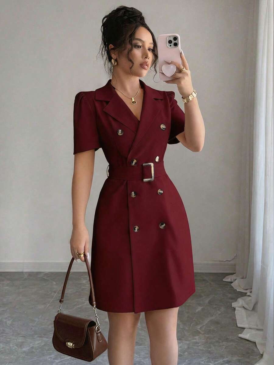 SHEIN Raffinéa Collared Tie-Waist Double-Breasted Puff Sleeve Dress - Burgundy - View 1