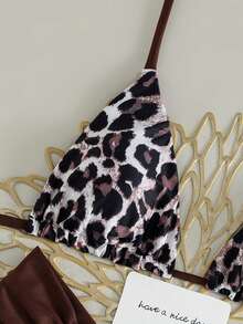Swim Vcay 2026 Spring/Summer European And American Retro Leopard Print Spaghetti Strap Sexy Triangle Cup Separate Bikini Two Pieces Swimwear For Women, Halter Neck Tied Sexy Thong Bottom Low Waist Bikini, Petite Bust Enhancing Slimming Sexy Beach Vacation Swimwear - Multicolor - View 4