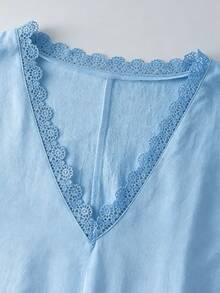 LUMIGAL Women's Cotton Linen Ruffle Patchwork Short Sleeve Dress - Blue - View 4
