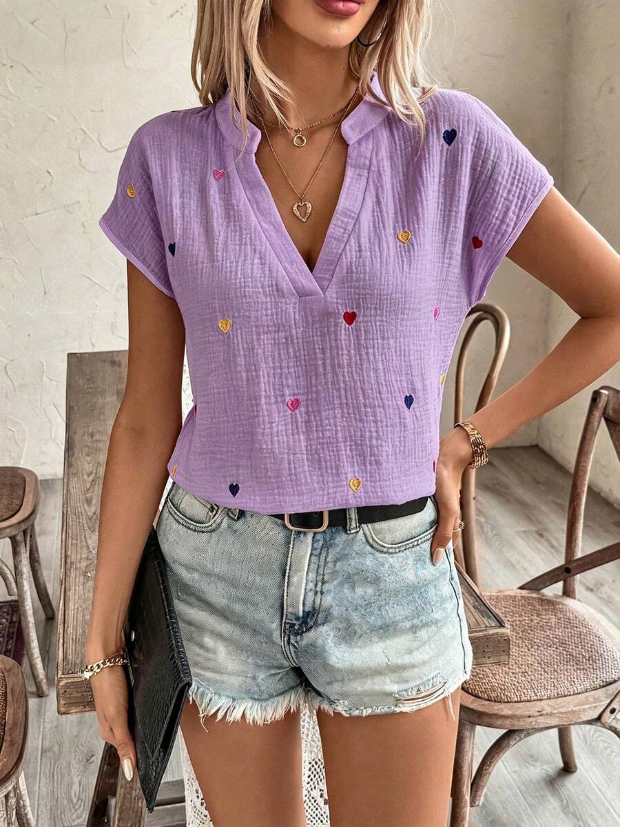 Breezaya 女款紋理愛心刺繡休閒度假襯衫 - 淡紫色 - 查看 1
