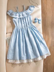 SHEIN Elladie kids 女童法式雙層荷葉邊露肩細肩帶A字洋裝，輕盈夏季休閒派對洋裝 - 藍色 - 查看 3