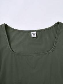 SHEIN Teen Girls Casual Minimalist Olive Green Square Neck Ruched Waist Short Sleeve T-Shirt And Wide Leg Pants Co-Ord Set - Olive Green - View 4