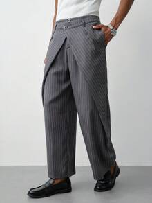 HUEFORM Daily Streetwear, Campus Outfits, Summer Vacations & Casual Hangouts Young Casual Yarn-Dyed Pinstripe Double Waistband Pants, Drapey Breathable Woven Fabric, Relaxed Oversized Fit, Dark Grey With White Pinstripes Men's Casual Trousers, Perfect For Young Casual Vacation Style & Student Looks, Ideal Gift For Boyfriend, Suitable For Spring & Summer. Wide Leg - Dark Grey - View 5