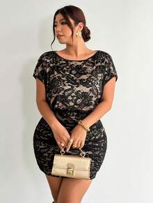 Firerie Black Lace-Trimmed Color-Blocked Plus-Size High-Elastic Hip-Hugging Elegant Tight Mini Skirt / Modern And Elegant - Black - View 6
