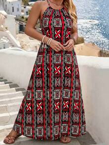Breezaya Plus Size Women Geometric Print Casual Boho Halter Neck Dress Vacation Black And White Summer - Multicolor - View 3
