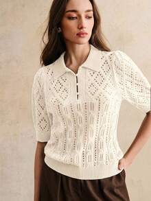 Anewsta Top tricoté vintage pour femmes avec col polo, manches bouffantes ajourées à motif floral, été - Beige - Voir 3