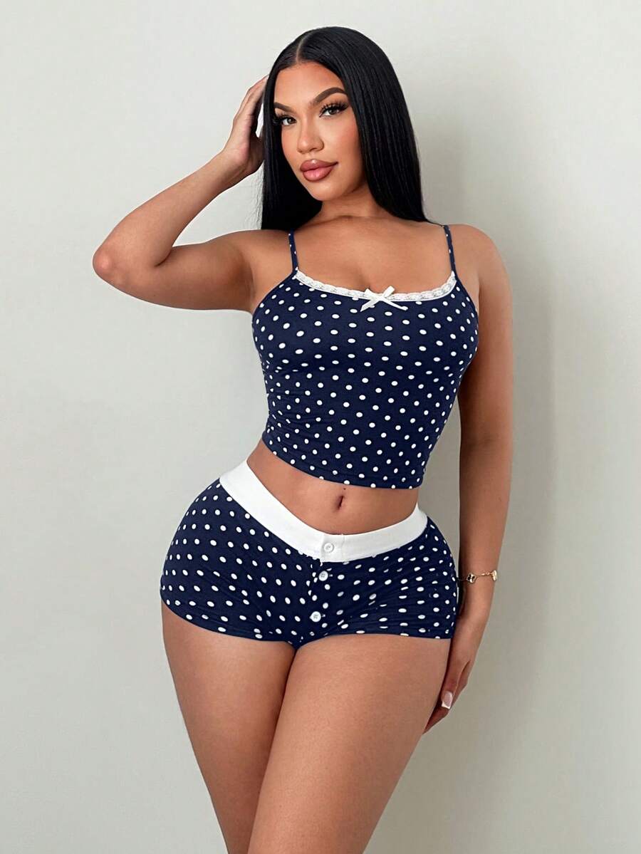 SHEIN SXY 女款蕾絲拼接波點蝴蝶結裝飾細肩帶上衣與短褲休閒日常套裝 - 藏蓝色 - 查看 1
