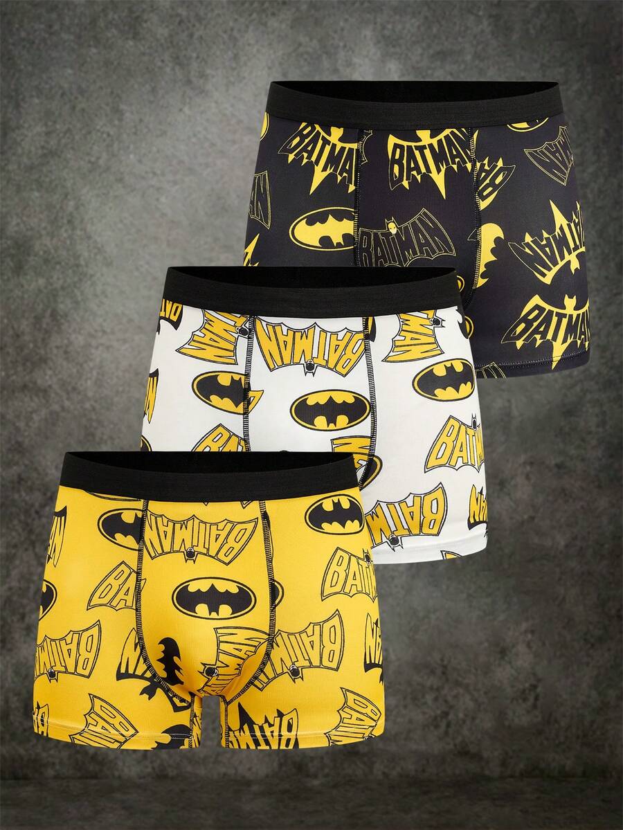 BATMAN X SHEIN 男士舒適印花四角內褲 - 黑與白 - 查看 1