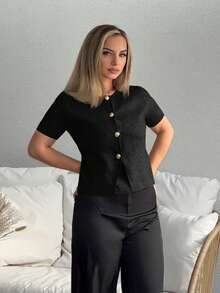 Jeta Ari Áo khoác cardigan tay ngắn ôm vừa vặn màu trơn đơn giản dành cho nữ - màu đen - Xem 1