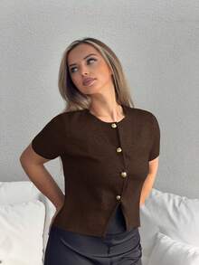 Jeta Ari Women's Solid Color Round Neck Front Button Casual Short Sleeve Thin Cardigan Brown Summer - Coffee Brown - View 5