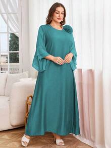Lacomfia Vestido casual modesto de mujer talla grande de unicolor con parches de gasa - Agua verde azul - Ver 5
