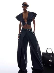 LYSMO 女士印花修身时尚薄款西装外套 - 藏蓝色 - 查看 7