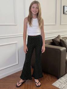 DAZY Tween Girls' Polka Dot Pattern Flared Pants With Patchwork Design - Black - View 3
