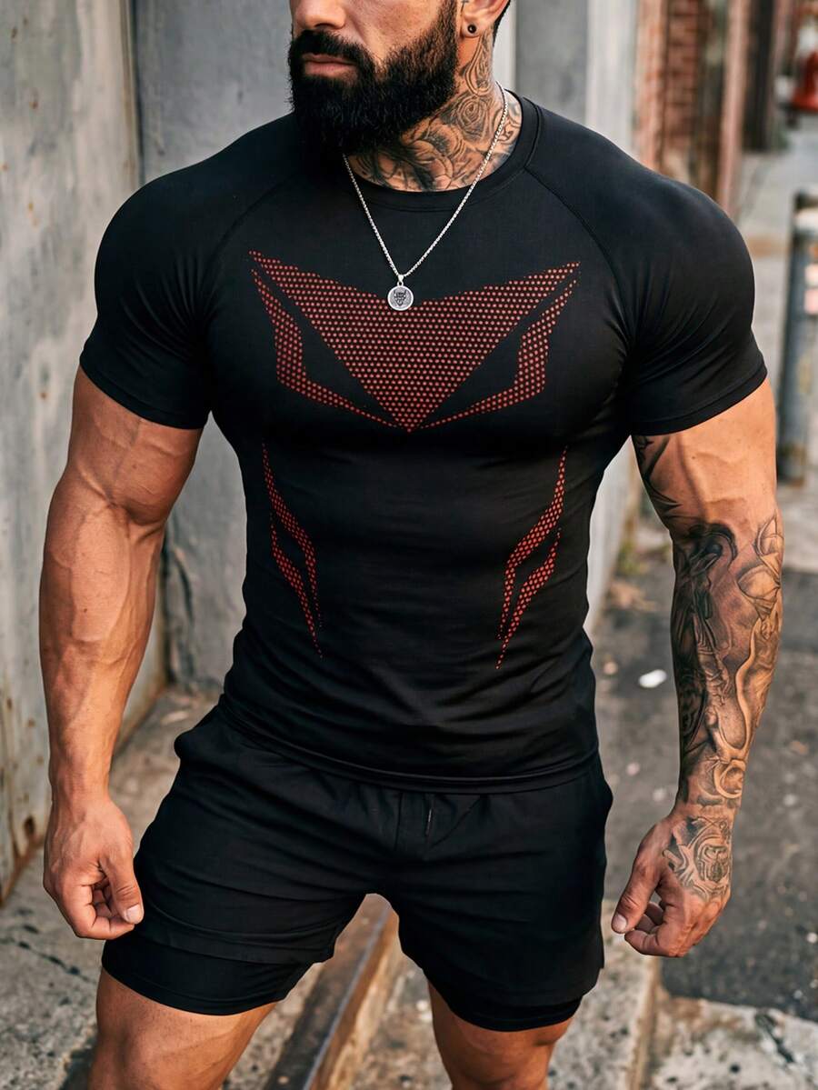 GymBeat Camiseta deportiva de manga raglán con estampado de patrón transpirable para hombre, verano, gimnasio, vacaciones - Negro - Ver 1