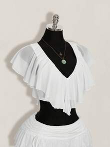 SHEIN ICON 女款素色荷葉邊飾綁帶前襟時尚襯衫 - 白色 - 查看 8