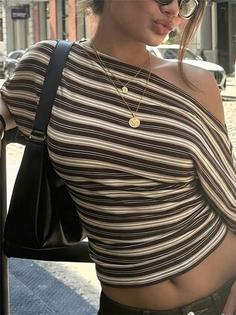 Aloruh Asymmetric Striped Loose Top With Cinched Waist, Minimalist Basic T-Shirt - Multicolor - View 1