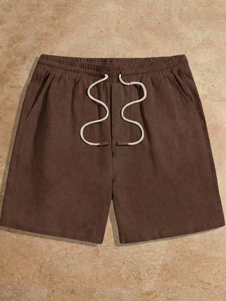 Manfinity VCAY HIMLAND Men's Linen Shorts, Coffee Brown Casual Summer Beach Shorts, Elastic Drawstring Waist Slant Pockets, Lightweight Breathable Relaxed Fit , Football - Brown - View 1