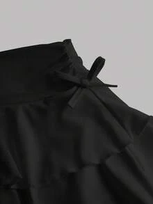 SHEIN Girlism 青少年女孩抽繩腰褶皺休閒裙，內建安全短褲 - 黑色 - 查看 4