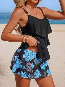 Swim Lushoire Women's Floral Print Color Block Conservative 2 Pieces Swimwear Set, Suitable For Spring/Summer Beach And Holiday Wear - Multicolor - View 3
