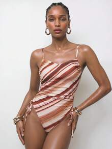 Maija Women's Spaghetti Strap Summer Sleeveless Striped Drawstring One-Piece Beachwear - Brown - View 4