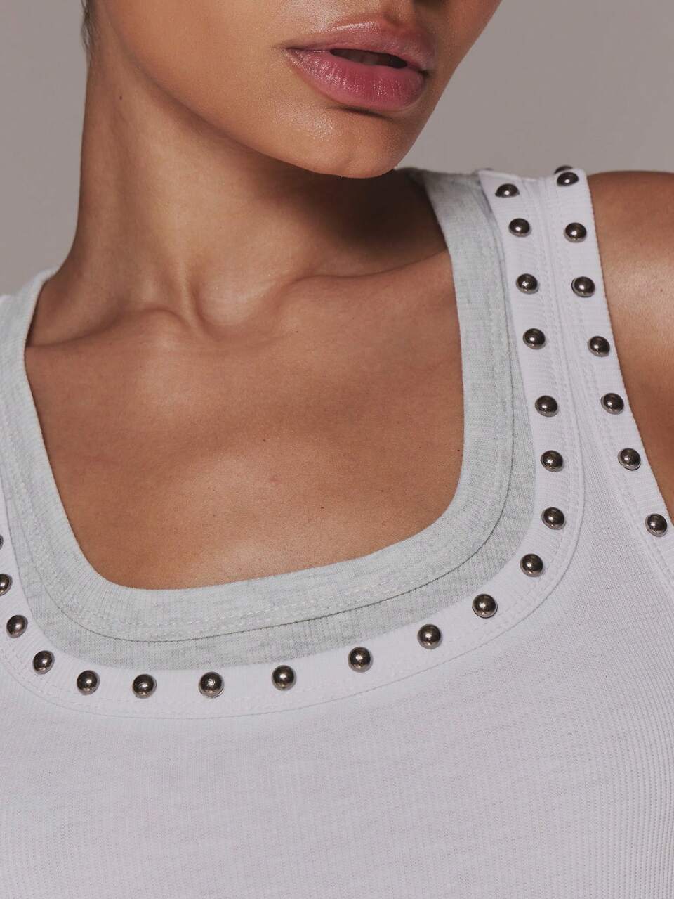 White Studded Cotton Double Layer Tank Vest Top