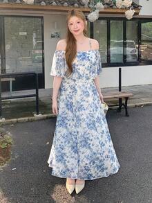 Bijouette Plus Size Women's Floral Print Ruffle Ruffle Adjustable Strap A-Line Dress Suitable For Dates Evening Wedding Blue And White Summer Elegant - Blue and White - View 7