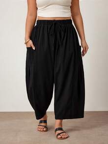 Enliva Plus Size Loose Fit Drawstring Casual Cropped Pants - Black - View 6