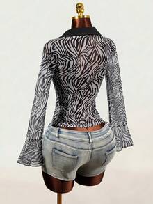 Mistrie Women's Zebra Print Flare Sleeve Fashionable Sexy Elegant Blouse Night Out Club Night White And Black Summer - Black - View 2