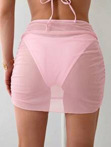 Swim Chiccia Vacation Beach Solid Color Sheer Mesh Cover-Up & Skirt Set - Pink - View 2