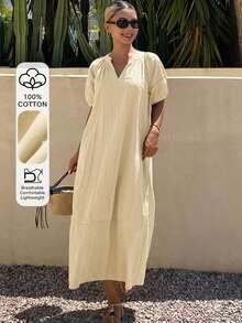 Livesso Vestido midi reto estilo camisa, solto, casual business, para férias, com textura de bolinhas, mangas bufantes elegantes, primavera-verão, para mulher, adequado para casamento e banquete - Butter Yellow - Ver 1