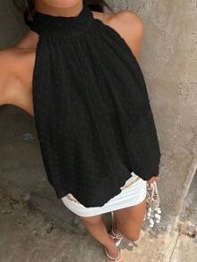 Aloruh Women's Solid Color Fashionable Halter Neck Top For Vacation - Black - View 4