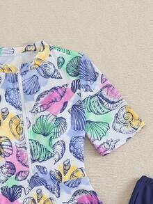 Swim Mulvari 2件/套 新款貝殼印花圓領短袖前開拉鍊泳衣與短褲布基尼套裝，夏季 - 彩色 - 查看 4