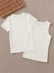 SHEIN Franclia 两件套白色叠穿背心，夏季新品系列：白色百搭通勤背心 - 适合约会、通勤、度假，优雅女士上衣。背心款式，圆领T恤，夏季上衣T恤背心，女士背心，优雅背心，优雅女士上衣T恤 - 白色 - 查看 4