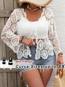 SHEIN CURVE+ 大尺碼女款素色前綁帶長袖鏤空開襟外套，適合海灘度假、海灘穿搭、波希米亞風 - 白色 - 查看 1