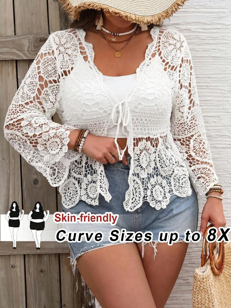 SHEIN CURVE+ 大尺碼女款素色前綁帶長袖鏤空開襟外套,適合海灘度假、海灘穿搭、波希米亞風 - 白色 - 查看 1