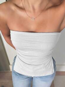 leahseptember 女款 Y2K 亞文化豹紋抹胸短版上衣，開衩下擺設計，白色獵豹紋抹胸上衣 - 白色 - 查看 3