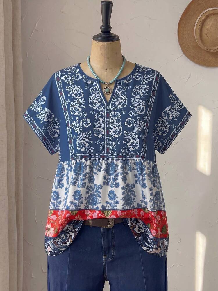 Plus Size Women's Floral Print V-Neck Short Sleeve Vacation Shirt