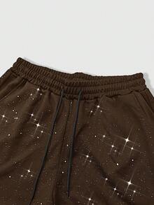 ROMWE MEN Street Life Men's Casual Sequin Detail Street Hip Hop Style Drawstring Waist Pockets Shorts - Coffee Brown - View 3