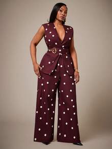 Radiana Plus Size Women's Classic Retro Polka Dot Vest And Wide Leg Pants Set Summer Holiday Outfits - Brown - View 4