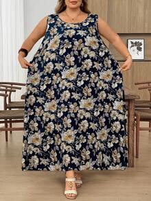 SHEIN CURVE+ 大尺碼女款無袖花卉印花洋裝，夏季、度假女裝，秋季女裝，冬季，CURVE PLUS - 彩色 - 查看 2