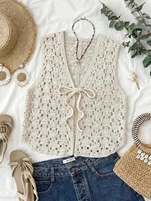 Levarali Plus Size Women Fashionable Bohemian Tie Front Sleeveless Cardigan Fall - Camel - View 1