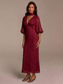 COSMINA Women's Deep V-Neck Elegant Waist Cinching Party Dress - Burgundy - View 6